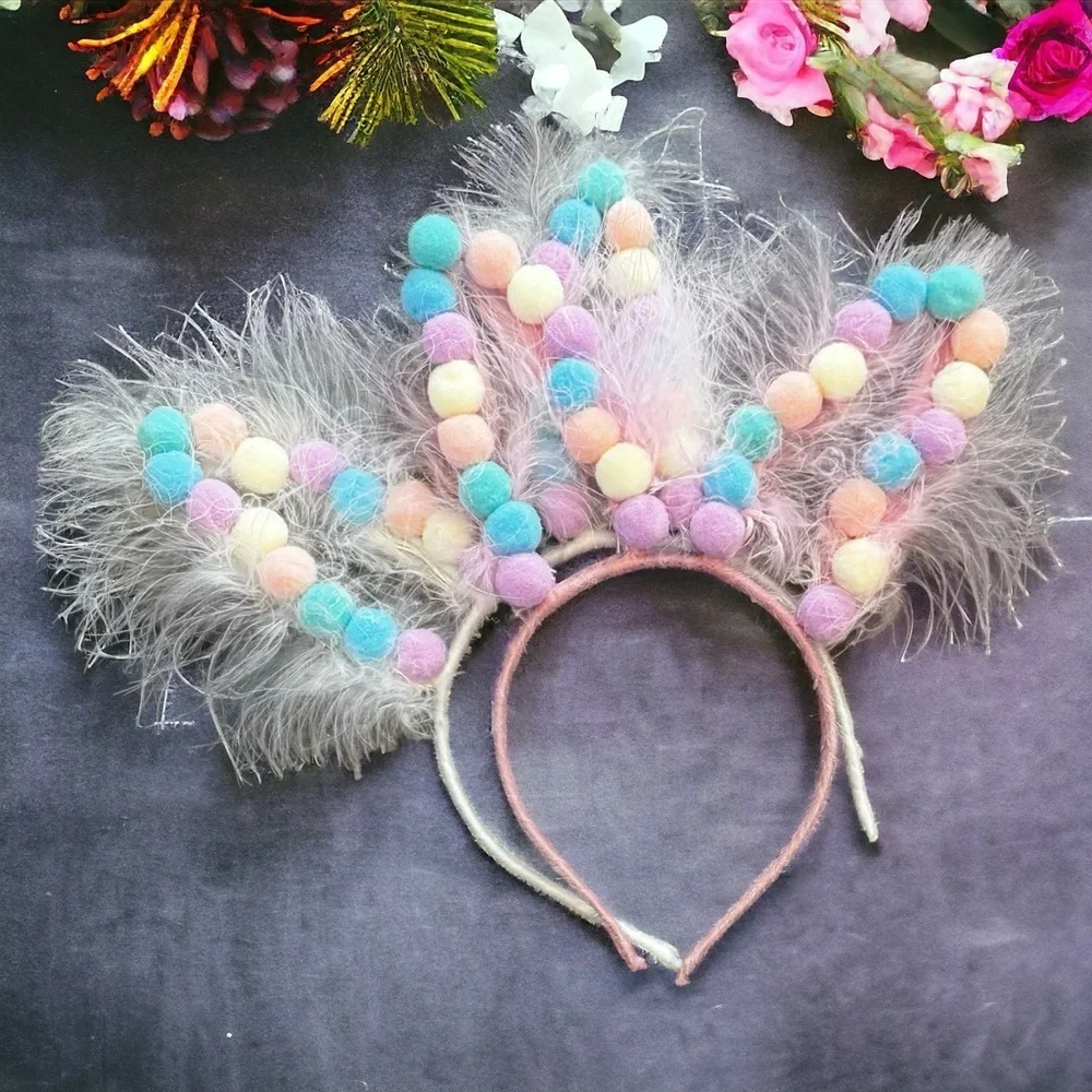 Pom Pom Easter Bunny Ears - Rabbit Ears, Easter Headpiece, Easter Headband